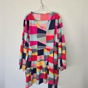 Colorful Geometric Tiered Dress 2X | Bold Multicolor V-Neck Boho Tunic Dress